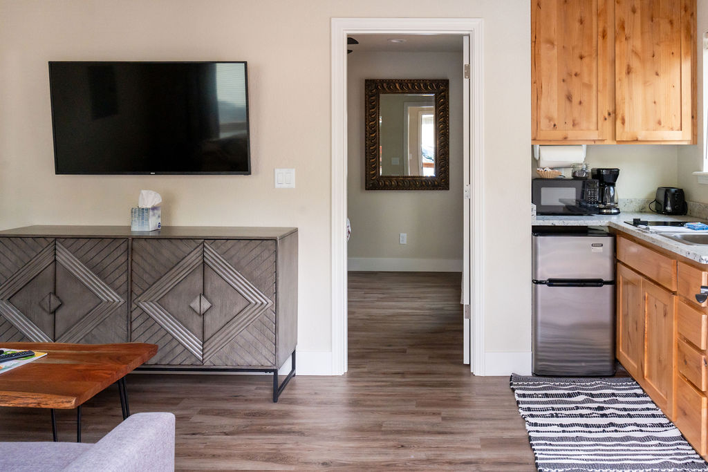 Living area with TV and kitchenette